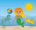 Lovely mermaid swimming and playing with fishes in the water. Vector illustration.