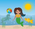 Lovely mermaid swimming and playing with fishes in the water. Vector illustration.