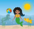 Lovely mermaid swimming and playing with fishes in the water. Vector illustration.