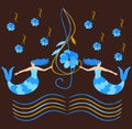 Lovely mermaids with blue hair hold a treble clef over the waves in the form of musical rulers.