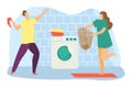 Lovely modern family cheerful weekend cleaning day, laundry room with washing machine flat vector illustration, isolated