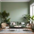 This lovely modern living room has a monochromatic sage-green wall Royalty Free Stock Photo