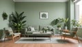 This lovely modern living room has a monochromatic sage-green wall Royalty Free Stock Photo