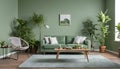 This lovely modern living room has a monochromatic sage-green wall Royalty Free Stock Photo