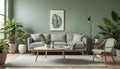 This lovely modern living room has a monochromatic sage-green wall Royalty Free Stock Photo