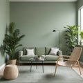 This lovely modern living room has a monochromatic sage-green wall Royalty Free Stock Photo