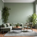 This lovely modern living room has a monochromatic sage-green wall Royalty Free Stock Photo