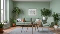 This lovely modern living room has a monochromatic sage-green wall Royalty Free Stock Photo