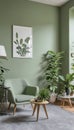 This lovely modern living room has a monochromatic sage-green wall Royalty Free Stock Photo