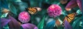 Lovely monarch butterflies on pink flowers in a fairy garden. Summer spring background. Banner format. Royalty Free Stock Photo