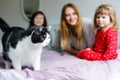 Lovely mother and two little girls daughters cuddling together with cat in bed in morning. Happy family of young single Royalty Free Stock Photo