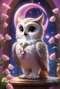 A lovely mysterious owl with pink fresh flowers, fluffy, pink moon, dream magic, cartoon, disney, animal design, fantasy art