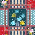 Lovely napkin with bouquet of cosmos and daffodils flowers,striped and polka dot background, zigzag borders in patchwork style.