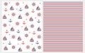 Lovely Nautical Vector Patterns Set. Red and Blue Boats, Anchors, Helms and Stars. Royalty Free Stock Photo