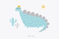 Hello Dino. Cute Simple Dino Illustration with Smiling Sun and Funny Cactuses Isolated on a White Background. Royalty Free Stock Photo