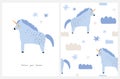 Lovely Nursery Vector Art and Seamless Pattern with Cute Unicor. Light Blue Unicorn.