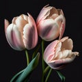 Lovely pale pink powdery tulips isolated on black. Beautiful floral spring background, wallpaper with gorgeous Royalty Free Stock Photo