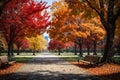 AI illustration of a lovely park in autumn with falling leaves and benches