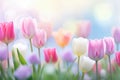 Lovely pastel colored tulips at white background