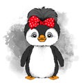 Lovely penguin girl with bow on head. Vector illustration