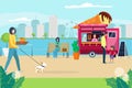 Lovely people walking in quayside park, character woman stroll little dog, dessert wagon ice cream flat vector Royalty Free Stock Photo