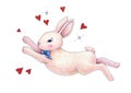 Lovely pink animation hare with a bow is isolated on a white background. Children`s fantastic drawing. Handwork color drawing mar