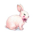 Lovely pink animation hare with a bow is isolated on a white background. Children`s fantastic drawing. Handwork color drawing