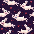 Lovely pink animation rabbit bunny hare with a bow in love on darkly blue background. Children fantastic drawing. Handwork drawing Royalty Free Stock Photo