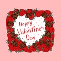 Lovely pink card with strawberry, hearts and lettering for Valentine`s Day.