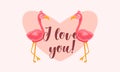 Lovely pink couple flamingos vector flat seamless pattern in pink colors. Lettering I love you. Ideal for weekends, posters,