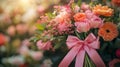 Lovely Pink And Orange Flower Bouquet With Bow Royalty Free Stock Photo