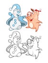 Vector Illustration of a Cute Pig and a Snowman. Coloring Book Cartoon Character