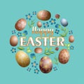 Lovely postcard template with decorated eggs on green background. Happy easter big text. Realictic vector illustration for spring