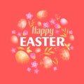 Lovely postcard template with decorated eggs on red background. Happy easter big text. Realictic vector illustration for