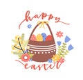 Lovely postcard template with Happy Easter wish handwritten with elegant cursive font and basket with decorated eggs and