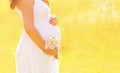 Lovely pregnant woman in white dress with wildflowers Royalty Free Stock Photo