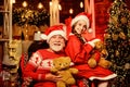 Lovely present. Family tradition. Toys collection. Happy childhood. Child enjoy christmas with grandfather Santa claus