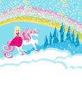 Lovely princess on a unicorn flying on a rainbow