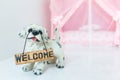 Lovely puppy doll holding a `welcome` sign panel at home.