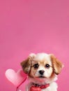 Lovely puppy portrait on pink background, cute dog with heart balloon for Valentine day, studio shot with copy space Royalty Free Stock Photo