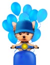 Lovely puppy sitting on motorbike with balloons