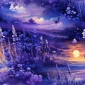 Lovely purple background with flowers and moon (tiled