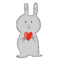 Lovely rabbit holding a red heart on a white