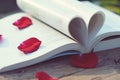 Lovely red color rose petals on book roll into heart shape with blur green garden background, soft color tone, sweet valentine