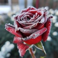 Lovely red frozen rose covered with hoarfrost close-up, original flower background,