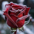 Lovely red frozen rose covered with hoarfrost close-up, original flower background,