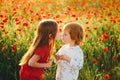 Lovely red-haired children in a field of red poppies. Royalty Free Stock Photo