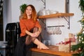 A lovely red-haired girl sits on the roofing cloth in a stylish cozy kitchen decorated for Christmas