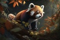 Lovely red panda with big eyes and fluffy tail perched on a branch, eating bamboo leaves with its tiny paws Royalty Free Stock Photo