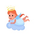 Lovely redhead little angel playing on a cloud, cute female cupid lying on a cloud cartoon vector Illustration Royalty Free Stock Photo